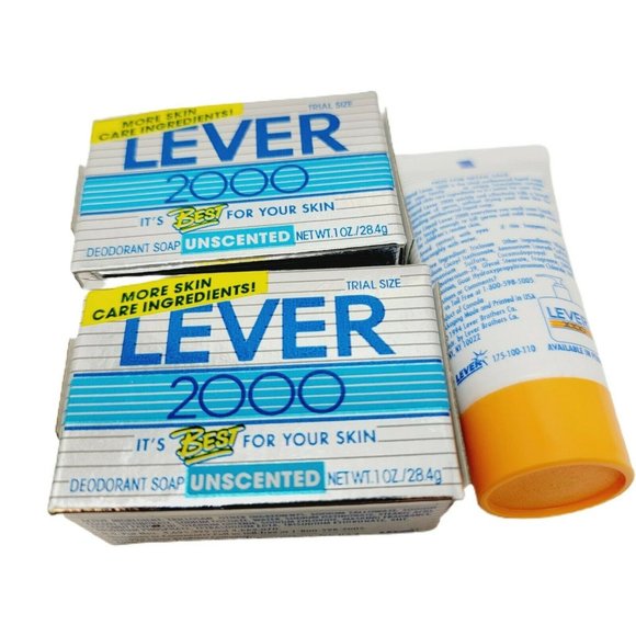 2pc Lever 2000 Unscented Deodorant Soap .1 OZ Trial Sz NOS 1994 Free Liquid Soap - Picture 4 of 6